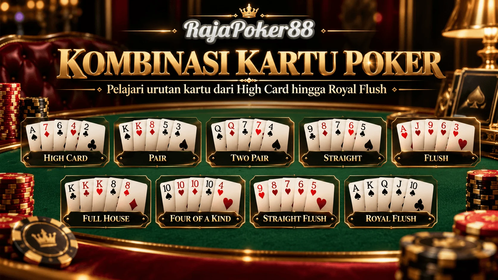 Urutan kombinasi kartu poker dari high card hingga royal flush
